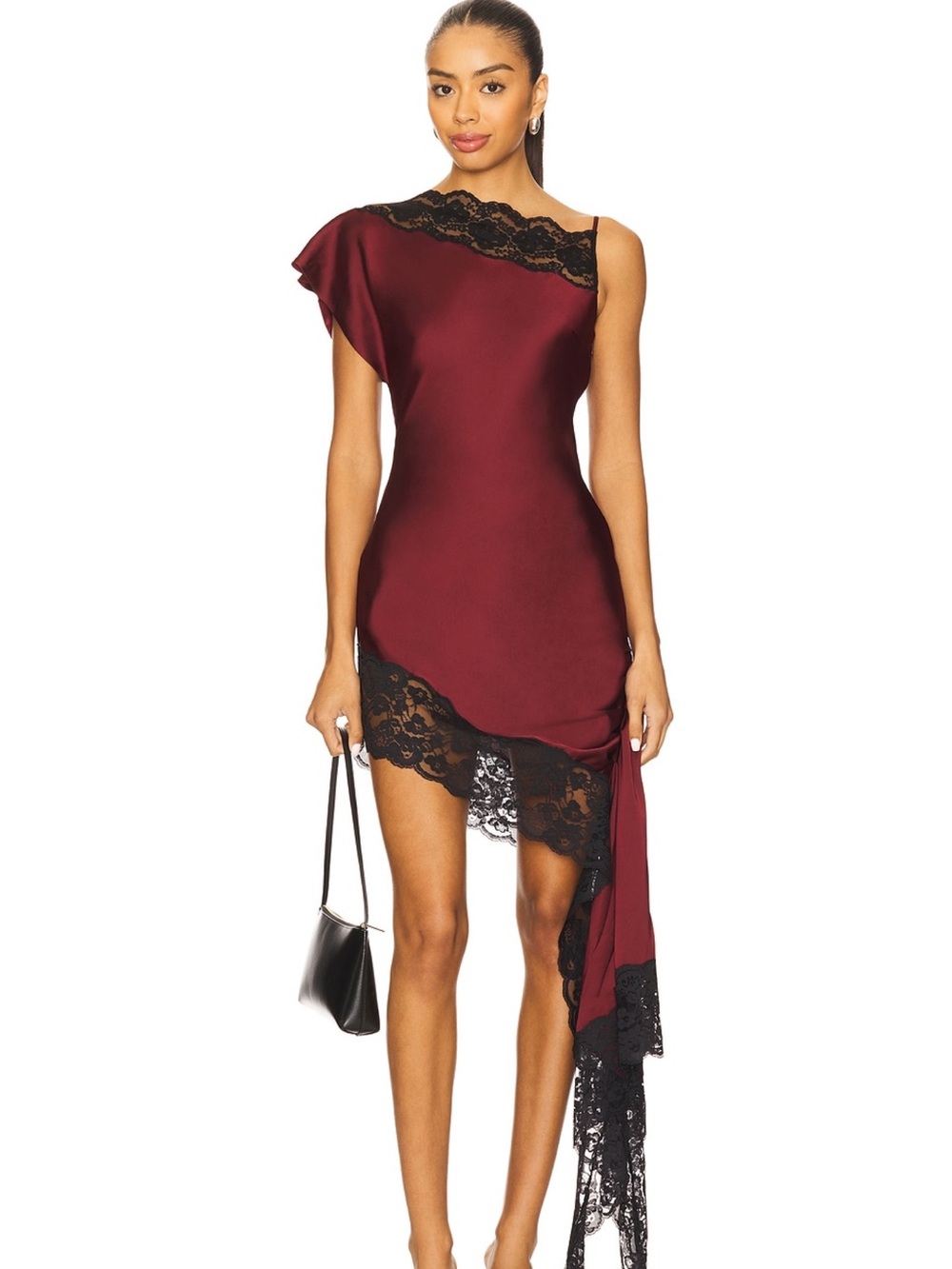 Lovers + Friends Burgundy Satin One-Shoulder Asymmetric Lace Mini Dress